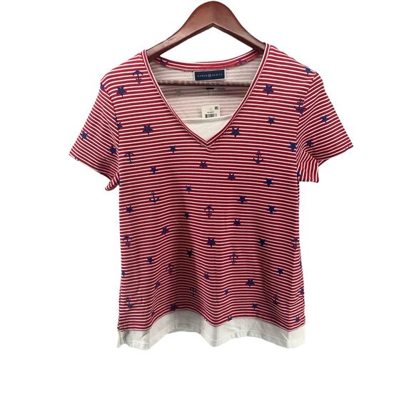NWT Karen Scott Red Striped Blue Star Anchor Tiered Blouse Women's Size PXL - Picture 2 of 8